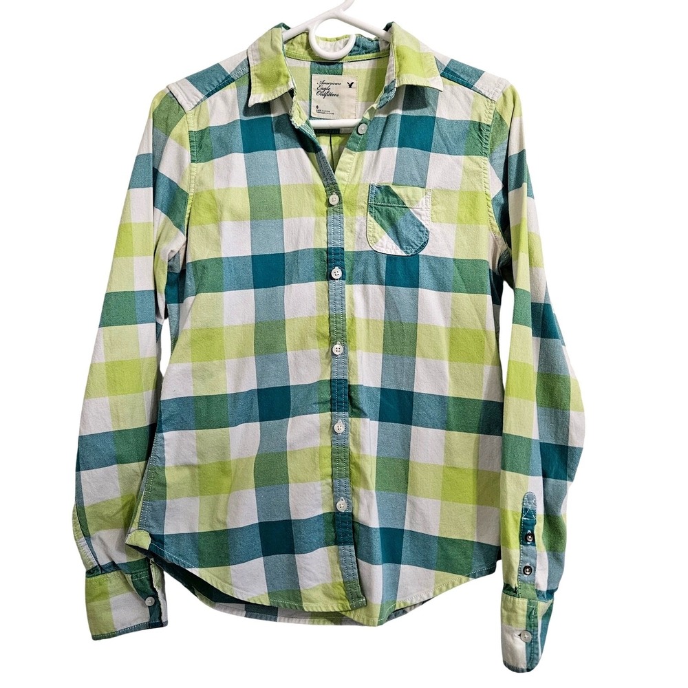 American Eagle Green Blue Cotton Flannel Plaid Button Long Sleeve Women's Size 6